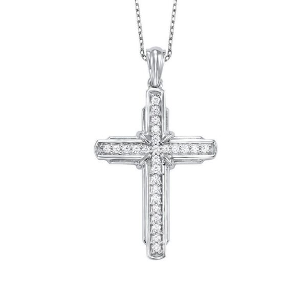 Shared Prong Cross Diamond Necklace In 14K White Gold (1/4 Ct. Tw.)