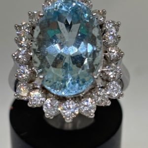14K White Gold Aquamarine & Diamond Ring